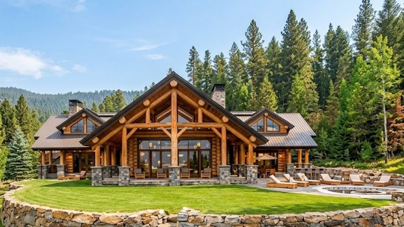 A timber lodge nestled among pine woodland in the horseshoe valley